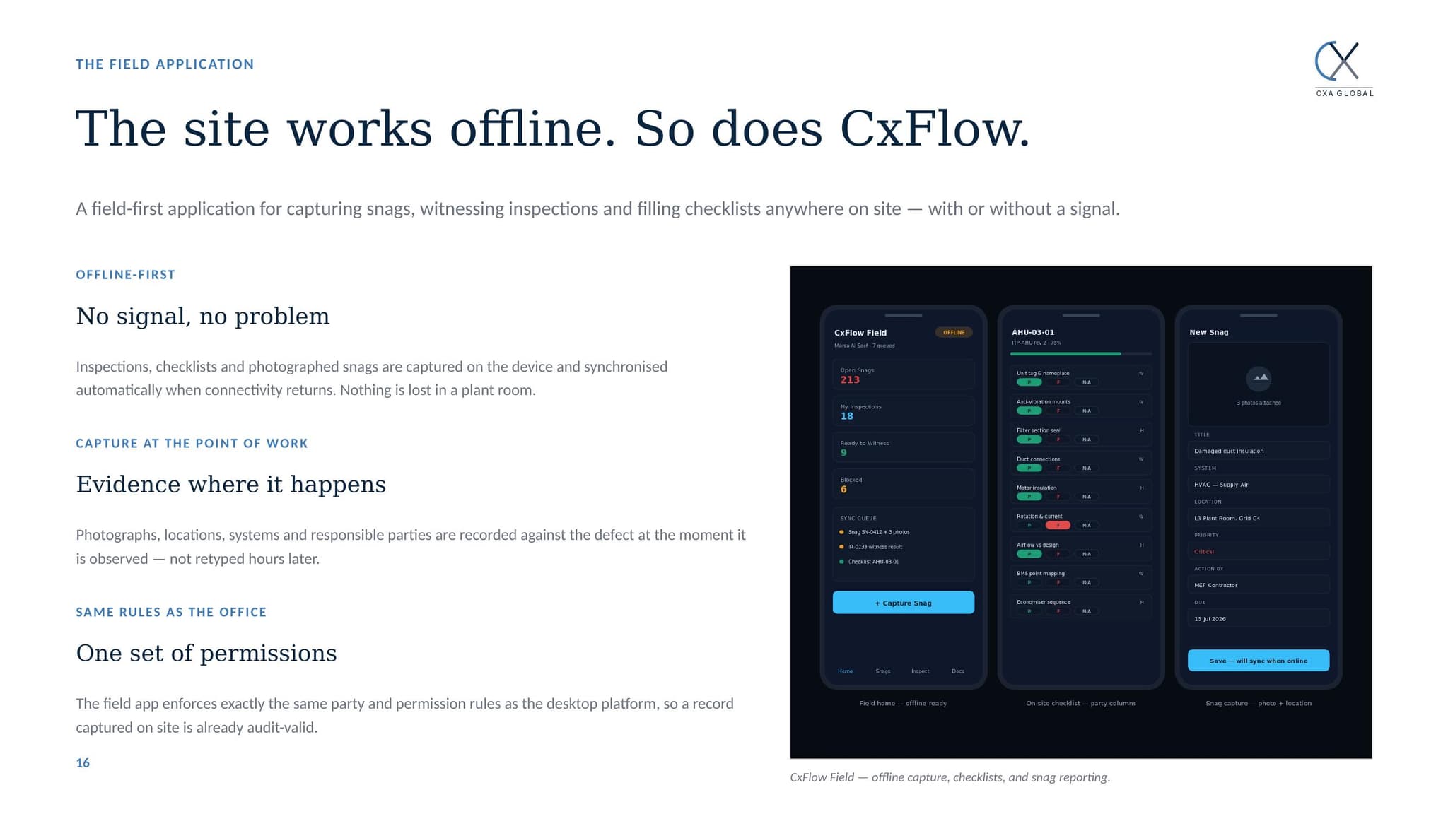 CxFlow Field — offline capture, checklists, and snag reporting.