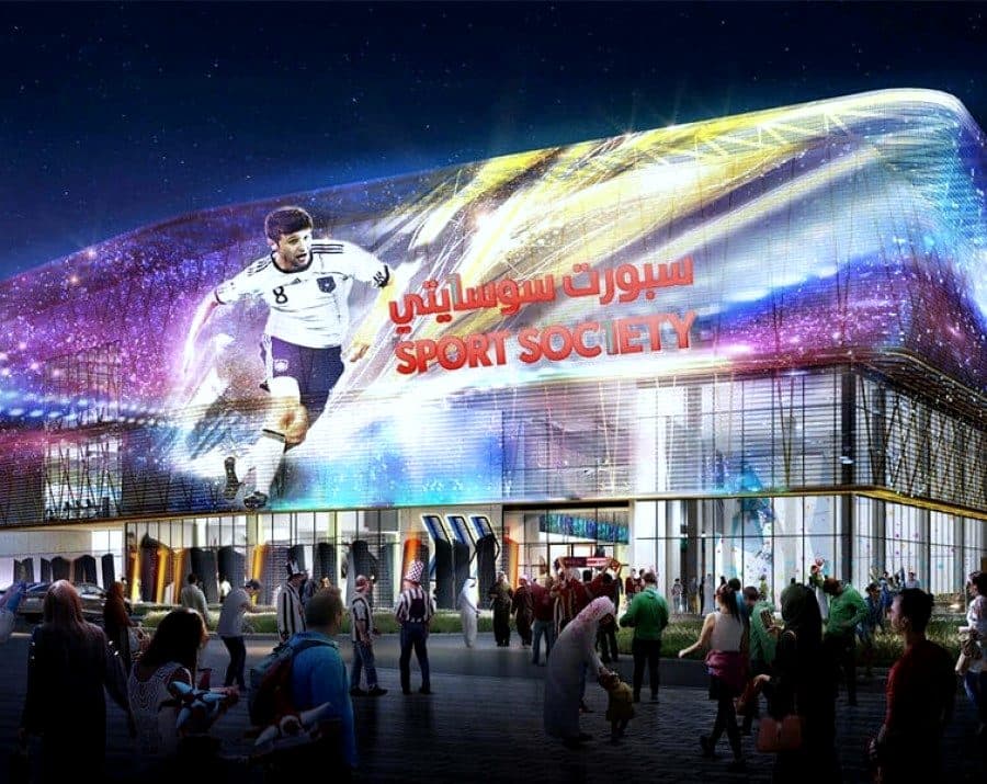 Exterior of the Sport Society Mall in Mirdif, Dubai.