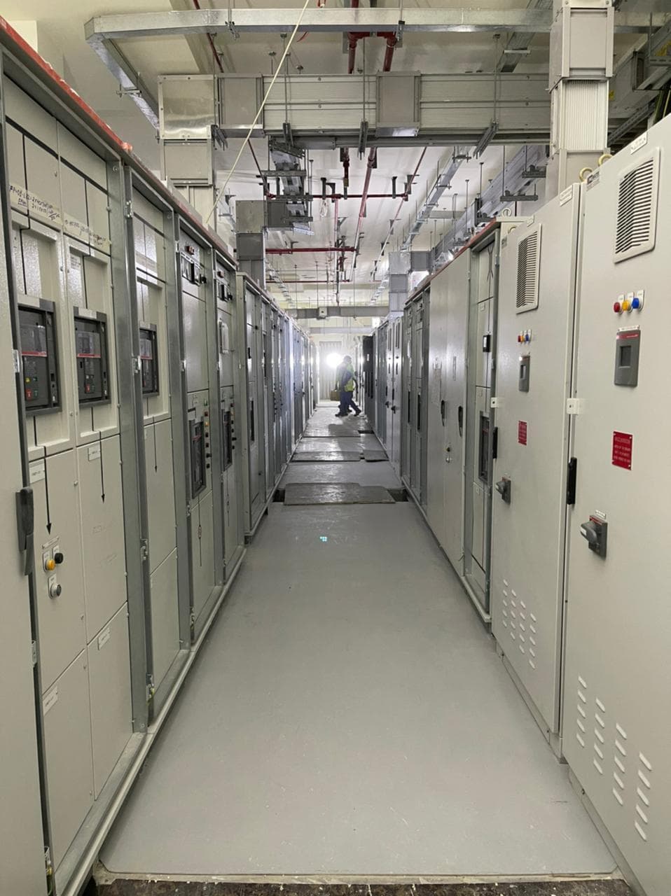 LV switchgear room during electrical commissioning.