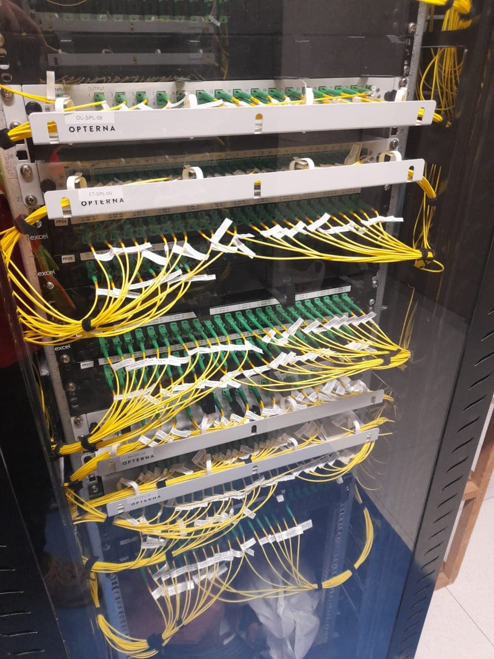 Fibre optic patch panel rack during ELV commissioning.