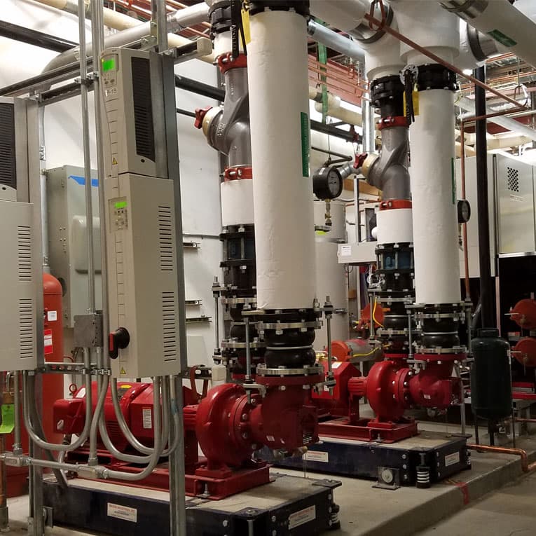 Pump room during hydronic balancing and commissioning.